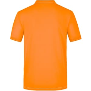 An orange men's elastic polo shirt with a classic collar and short sleeves, featuring branding.