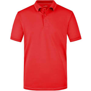A red men's elastic polo shirt with a classic collar and three buttons. Features a logo on the left chest.