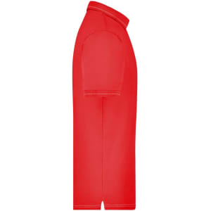 A red men's elastic polo shirt displayed from the side, featuring a collar and short sleeves.