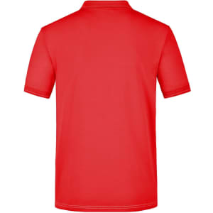 A red men's elastic polo shirt with a classic collar and short sleeves, displaying a logo on the back.