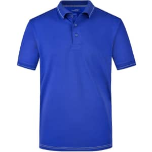 A blue men's elastic polo shirt with a collar, featuring a logo on the chest and contrasting trim.