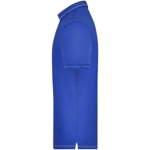 A blue men's elastic polo shirt displayed from the side, featuring a collar and a logo.