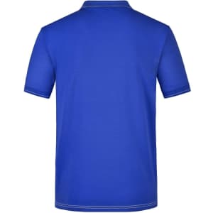A blue polo shirt with a collared neckline and contrasting trim, featuring a logo on the back.