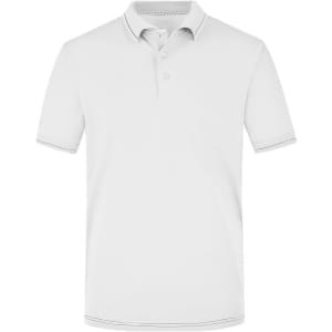 A plain white men's elastic polo shirt featuring a classic collar and three-button placket. It has a logo on it.