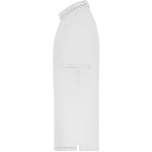 A white men's elastic polo shirt featuring short sleeves and a collar, with a subtle logo present.
