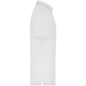 A white men's elastic polo shirt displayed from the side, featuring a collar and short sleeves, with a logo on the chest.