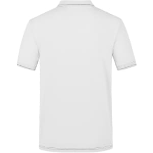 A white men's polo shirt featuring short sleeves and a contrasting collar. It has a logo on the back.