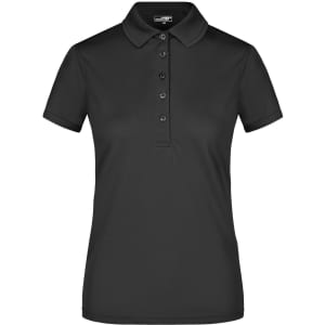 A black ladies active polo shirt with a collar and buttoned placket, featuring a logo on the chest.