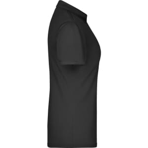 A black ladies active polo shirt featuring a classic collar and short sleeves, with a branding logo.