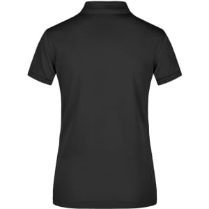 A black ladies' active polo shirt with a classic short sleeve design and a logo on the back.