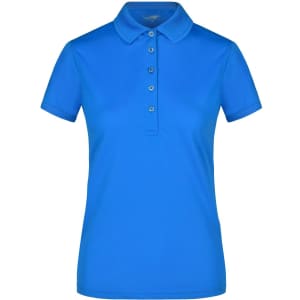 A bright blue ladies active polo shirt with a classic collar and button placket, featuring a logo.