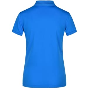 A blue ladies active polo shirt with a classic collar and short sleeves. Features a branding logo on the back.