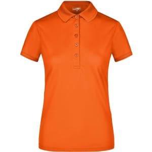 A vibrant orange ladies' polo shirt featuring a collar and button placket, with a logo on the side.
