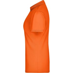 An orange ladies' polo shirt with a classic collar and short sleeves, featuring a logo.