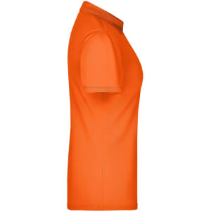 An orange ladies' active polo shirt with a collar and short sleeves, featuring a logo.