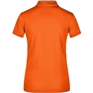 An orange ladies' active polo shirt featuring a classic collar and short sleeves, with a logo on the back.
