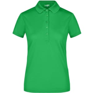 A green ladies active polo shirt featuring a collar and button placket, with a logo at the chest.