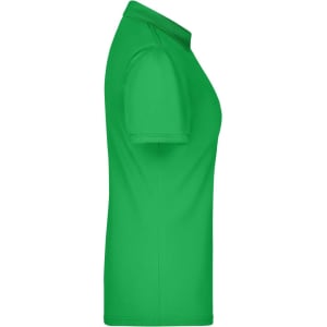 A green ladies active polo shirt displayed from the side, featuring short sleeves and a collar.
