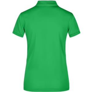 A green ladies active polo shirt, featuring a classic polo collar and short sleeves, with a logo on the back.