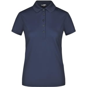 A ladies' active polo shirt in navy blue, featuring a collar and buttoned placket, with a branding logo.