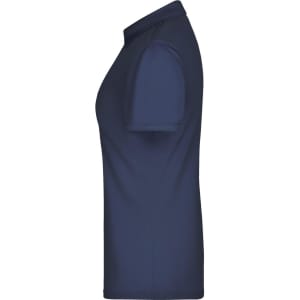A navy blue ladies' active polo shirt with a classic polo collar and short sleeves, featuring a branding logo.