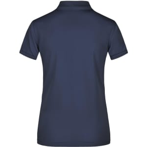 A navy blue ladies active polo shirt featuring a classic design and a logo on the back.
