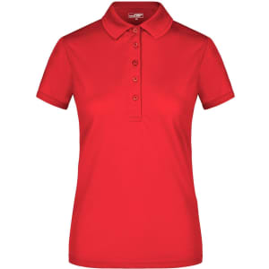 A red ladies active polo shirt with a collar and button placket, featuring a logo. Short-sleeved design.