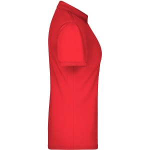 A red polo shirt for women with short sleeves and a collar, featuring a logo on the side.
