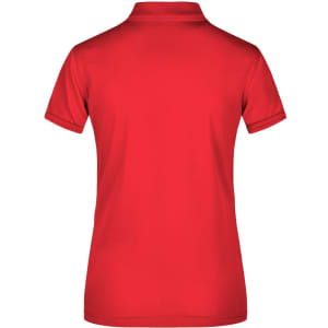 A red ladies active polo shirt with a short sleeve design and a collar, featuring a logo on the back.