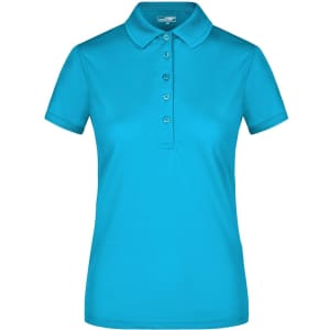 A turquoise ladies active polo shirt with a collar and button placket, featuring a logo.