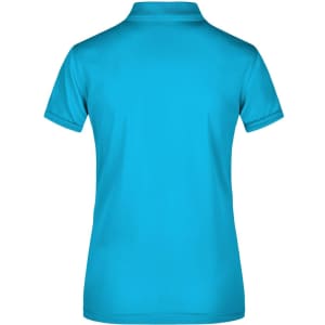 A turquoise ladies' active polo shirt with a classic collar and short sleeves, featuring a logo on the back.