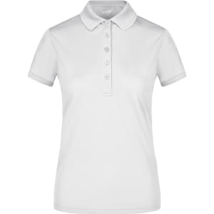 A white ladies active polo shirt with a collar and a placket featuring buttons, including a logo.