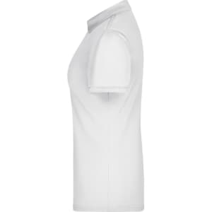 A white ladies active polo shirt featuring a collar and short sleeves, with a logo.