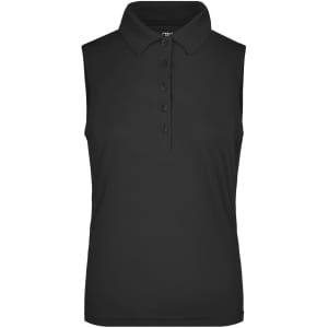 A black sleeveless polo shirt with a collar and front buttons, featuring a logo. Ideal for active wear.