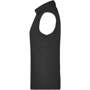A sleeveless ladies' active polo shirt in black, featuring a collar and a logo.