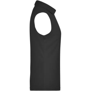 A sleeveless ladies' polo shirt in black, featuring a collar and a fitted design, with a logo on the garment.