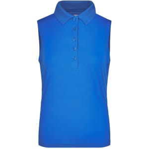 A sleeveless blue polo shirt with a classic collar and button placket, featuring a logo.