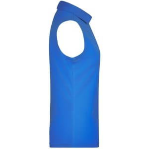 A sleeveless polo shirt in vibrant blue, featuring a classic collar and a plain design. It includes a logo on the chest.