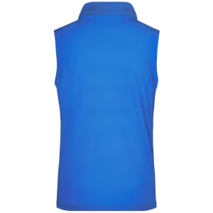 A sleeveless blue polo shirt with a collared design and a logo on the back.