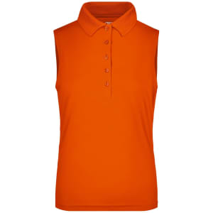 A sleeveless polo shirt in bright orange, featuring a collar and button placket. It has a logo on the chest.