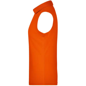 A sleeveless polo shirt in bright orange, featuring a classic collar and a logo on the side.