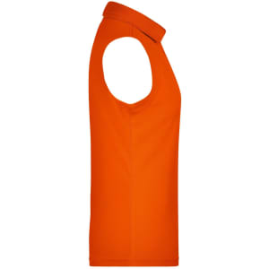 A sleeveless polo shirt in vibrant orange, featuring a classic collar and a logo on the front.