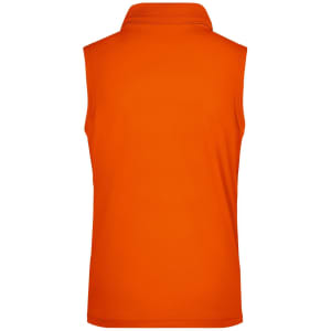 An orange sleeveless polo shirt featuring a collar and a branding logo.