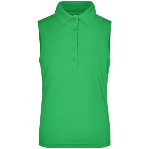 A sleeveless polo shirt in vibrant green with a collar and buttoned placket, featuring a logo.