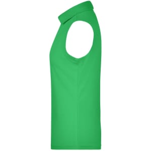 A sleeveless polo shirt in vibrant green, featuring a collar and a logo on the side.