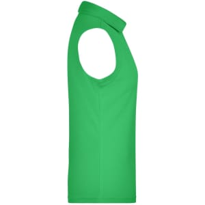 A sleeveless polo shirt in vibrant green, featuring a collar and a logo.