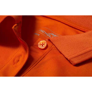 An orange sleeveless polo shirt featuring a collar and a button, with a logo label inside.