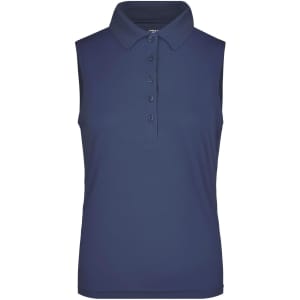 A sleeveless navy blue polo shirt with a collared neck and button placket. It features a logo on the fabric.