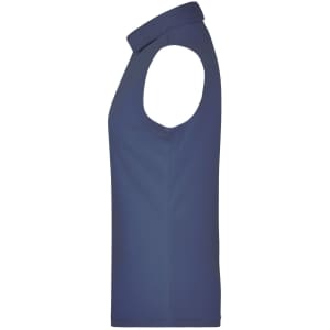A sleeveless navy polo shirt with a classic collar and a subtle logo on the side.