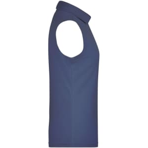 A ladies sleeveless polo shirt in navy blue, featuring a collar and a logo.